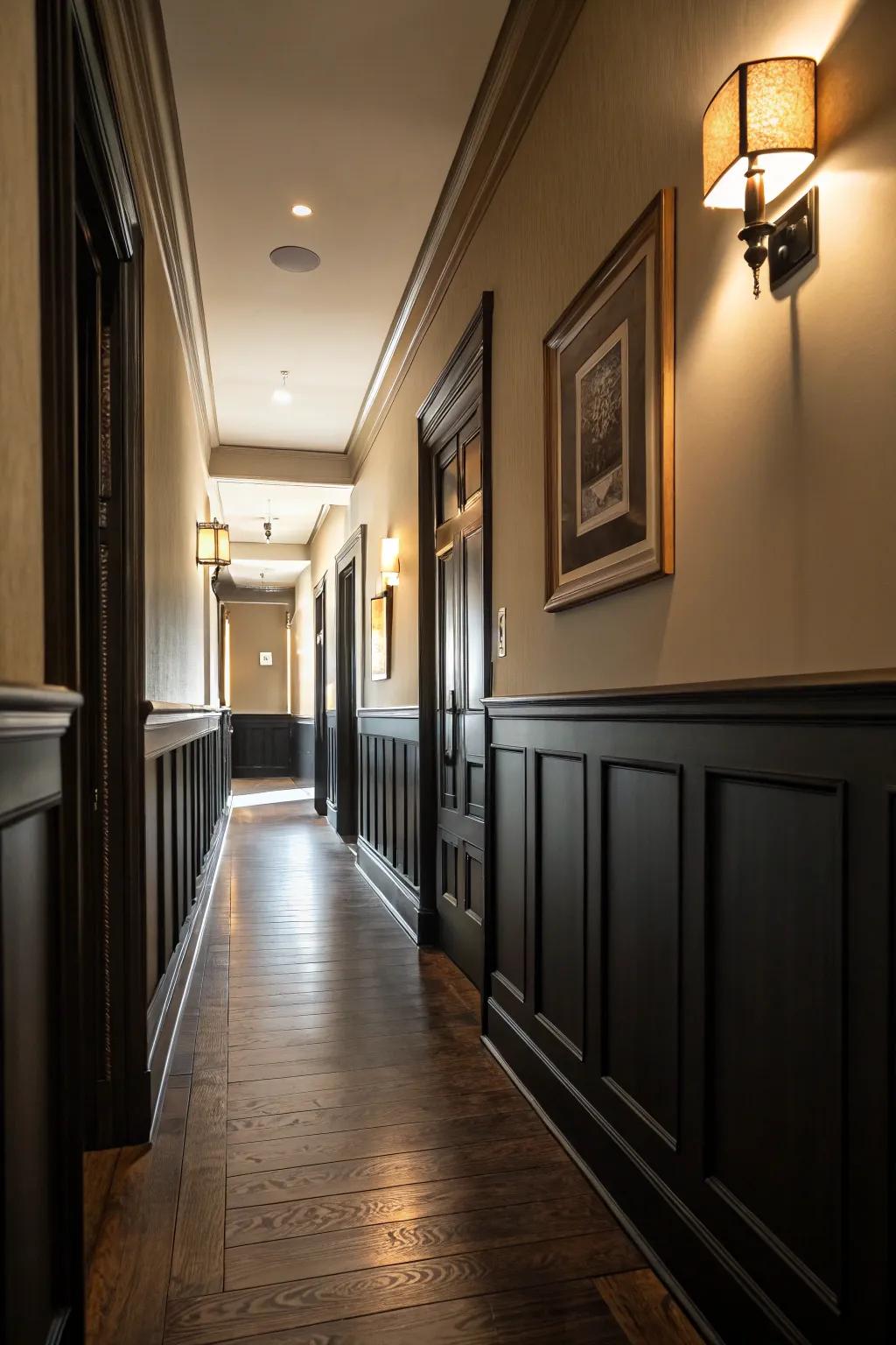 Dark wainscoting creates a bold and cozy hallway.