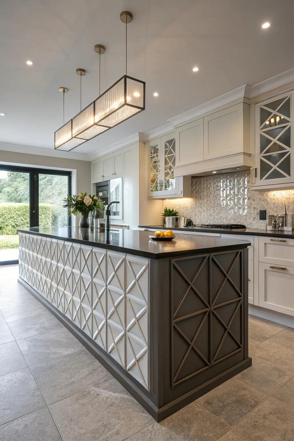 Geometric wainscoting patterns add a modern twist to this kitchen island.