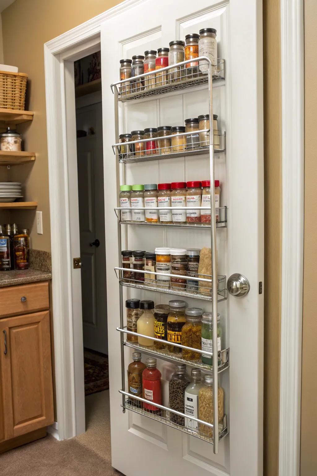 Efficient use of the pantry door for additional storage.