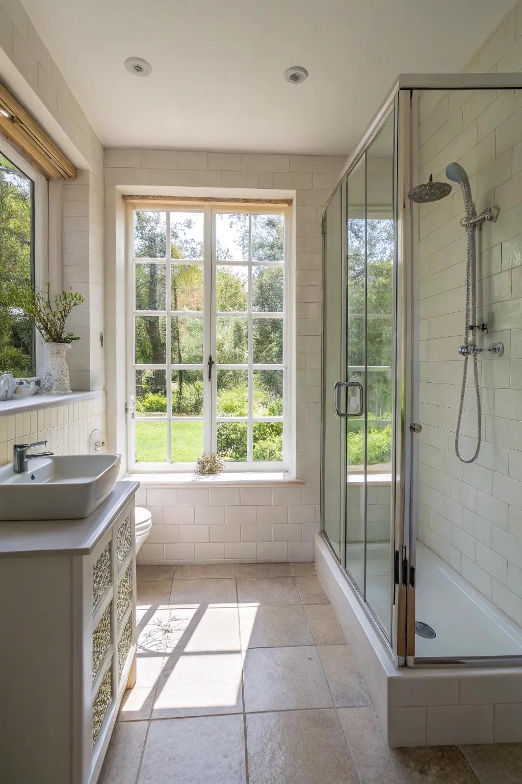 A window near the walk-in shower brings in natural light, making the space feel larger.