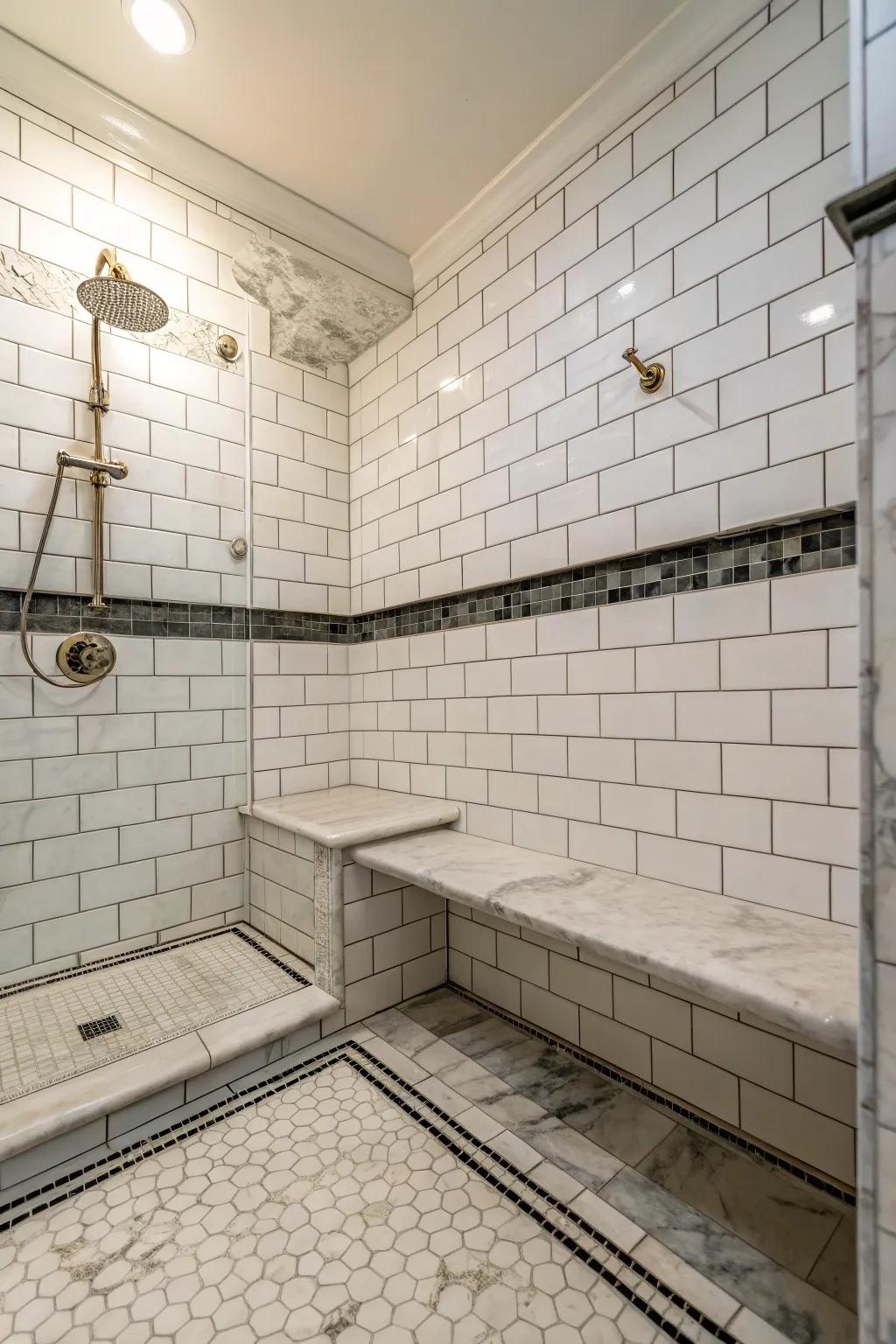 Contrasting materials add texture and interest to this shower bench.