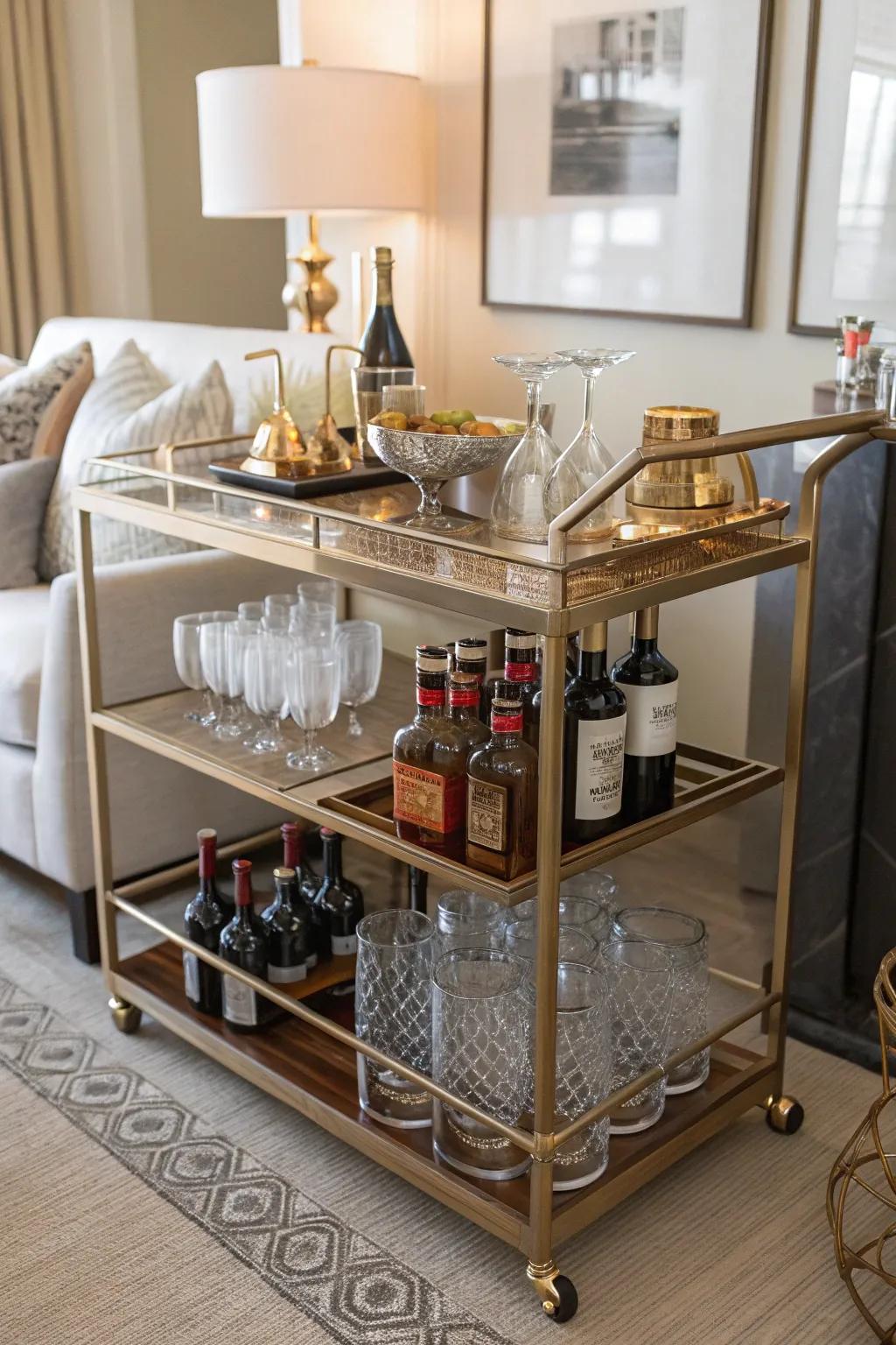 A stylish bar cart transforming a corner into a social hub.