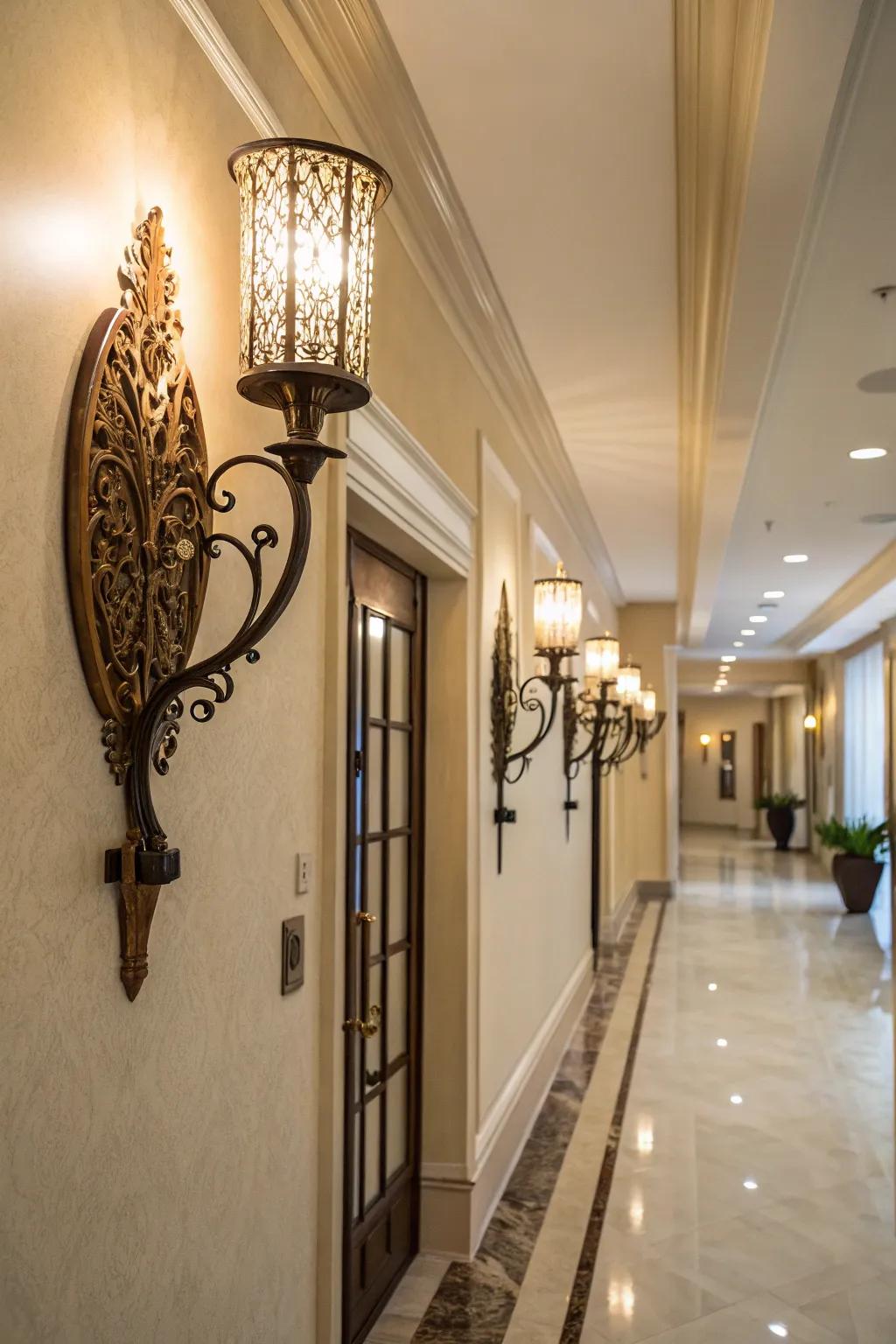 Sculptural sconces add light and artful interest to this hallway.