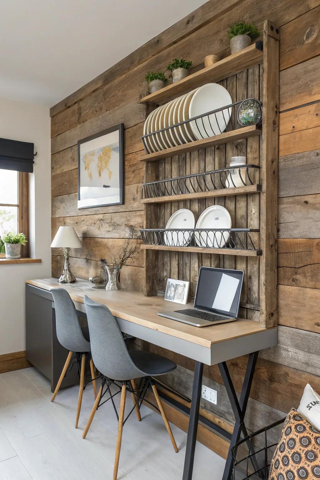 A mixed-material plate rack adding depth to a home office.