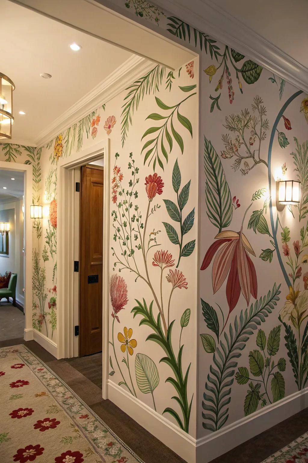 Hand-painted wallpaper offers a personal touch.