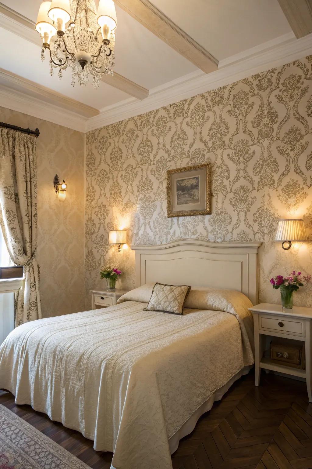 An elegant bedroom with damask wallpaper and cream paint.