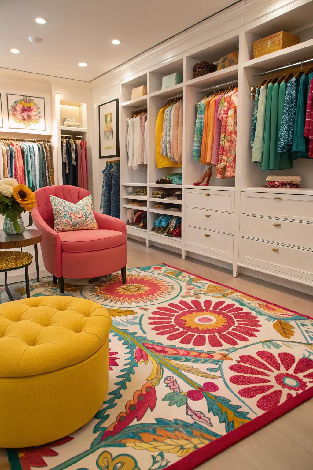 Vibrant colors and patterns add personality to the wardrobe room.