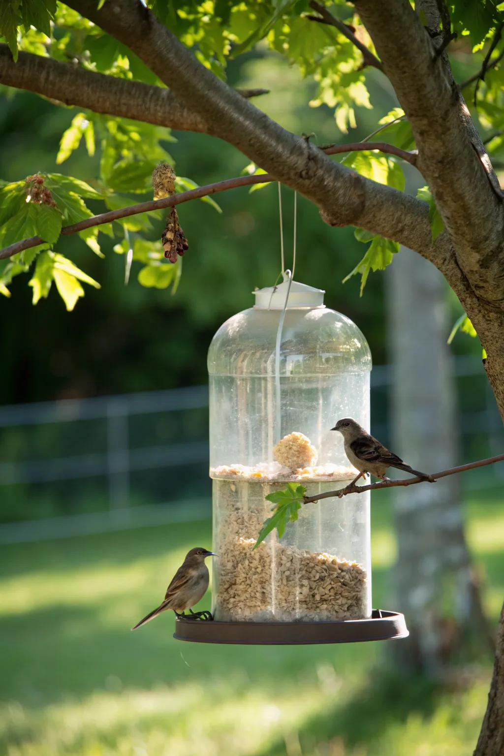 Bird feeders crafted from water jugs attract local wildlife.