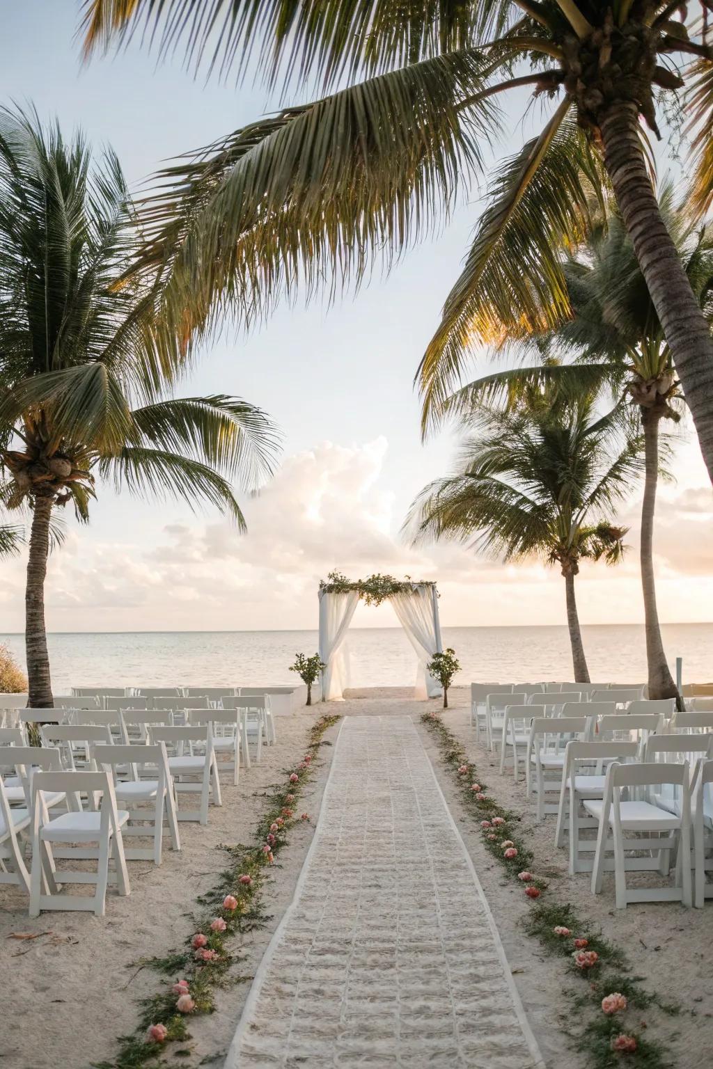 Tropical palm fronds line a beach wedding aisle.