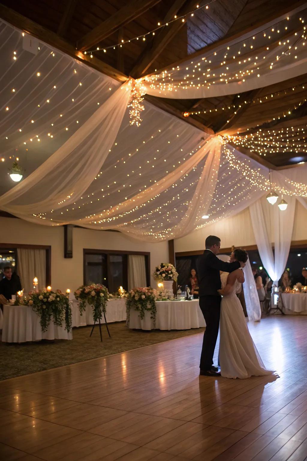 Add romance with draped fabric and twinkling ceiling lights.