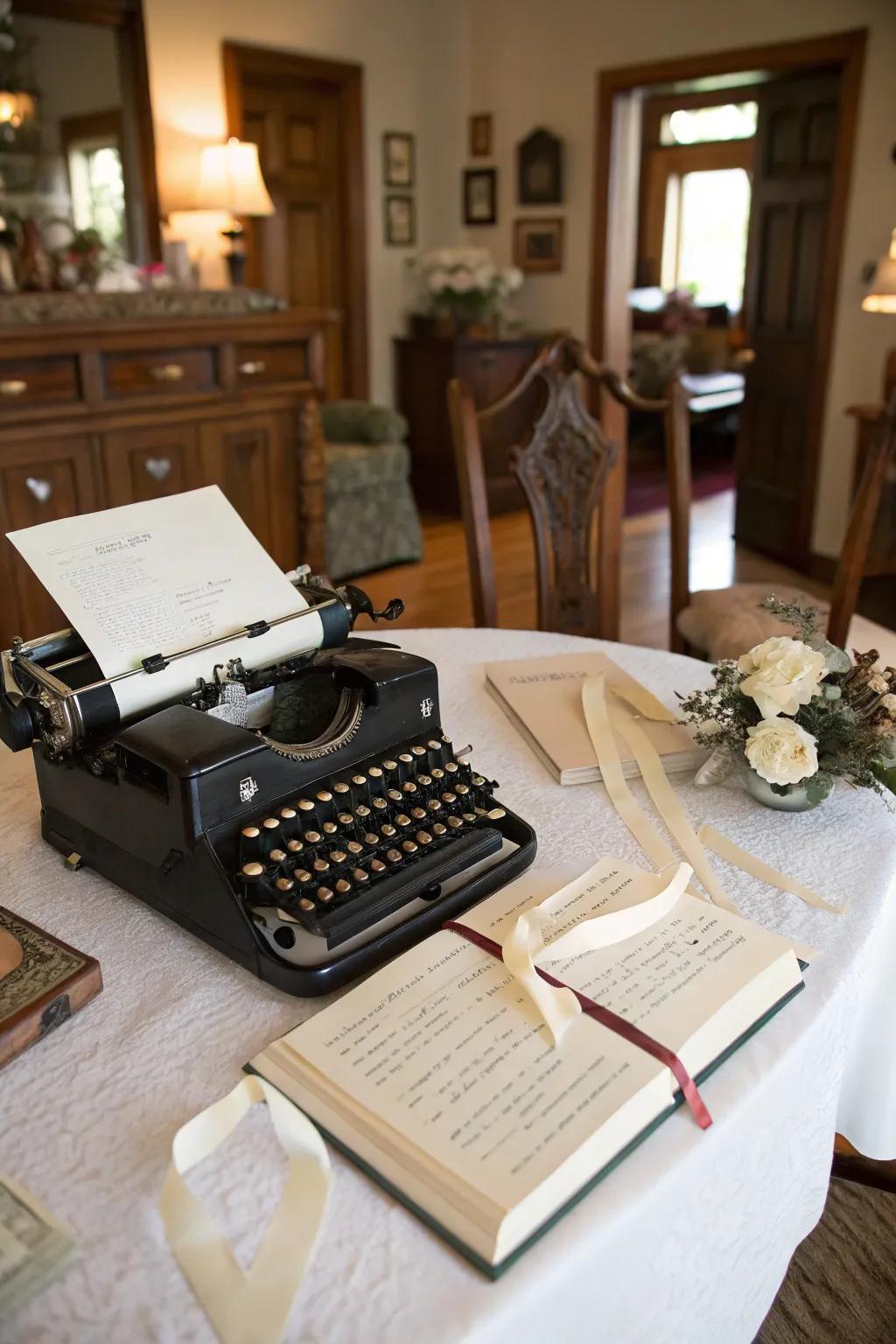 A typewriter guest book adds a touch of nostalgia.