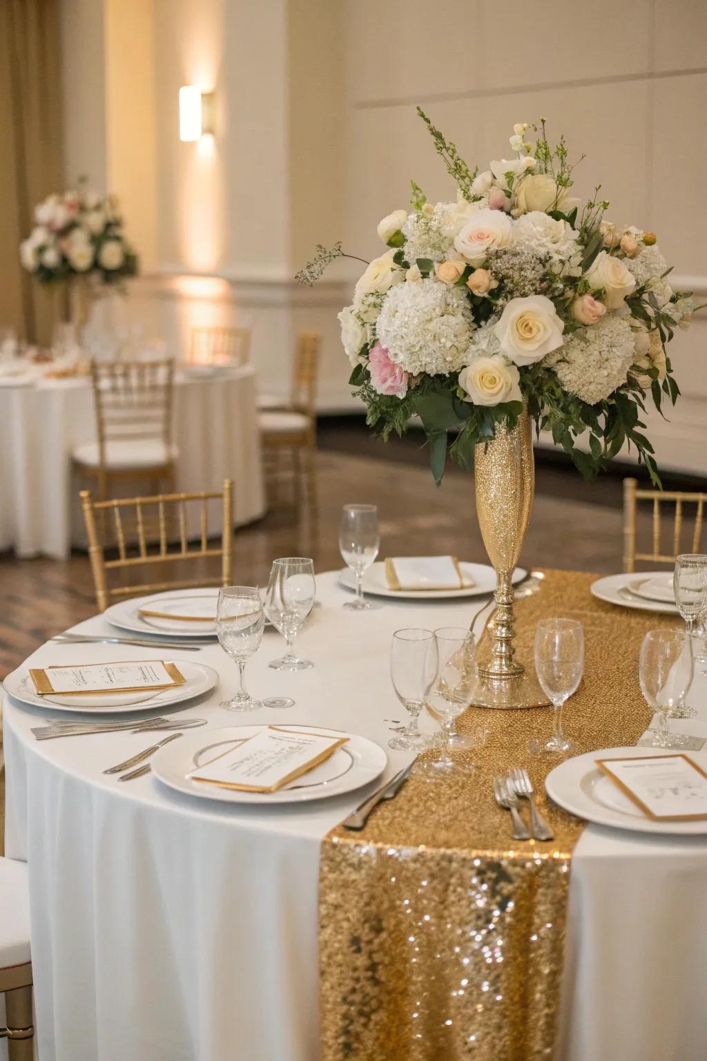 Metallic runners add a touch of modern chic to any wedding table.