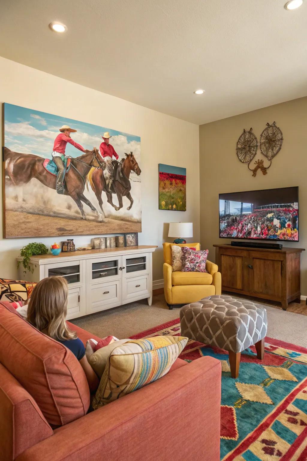 A rodeo scene painting adds a burst of energy and excitement to this family room.