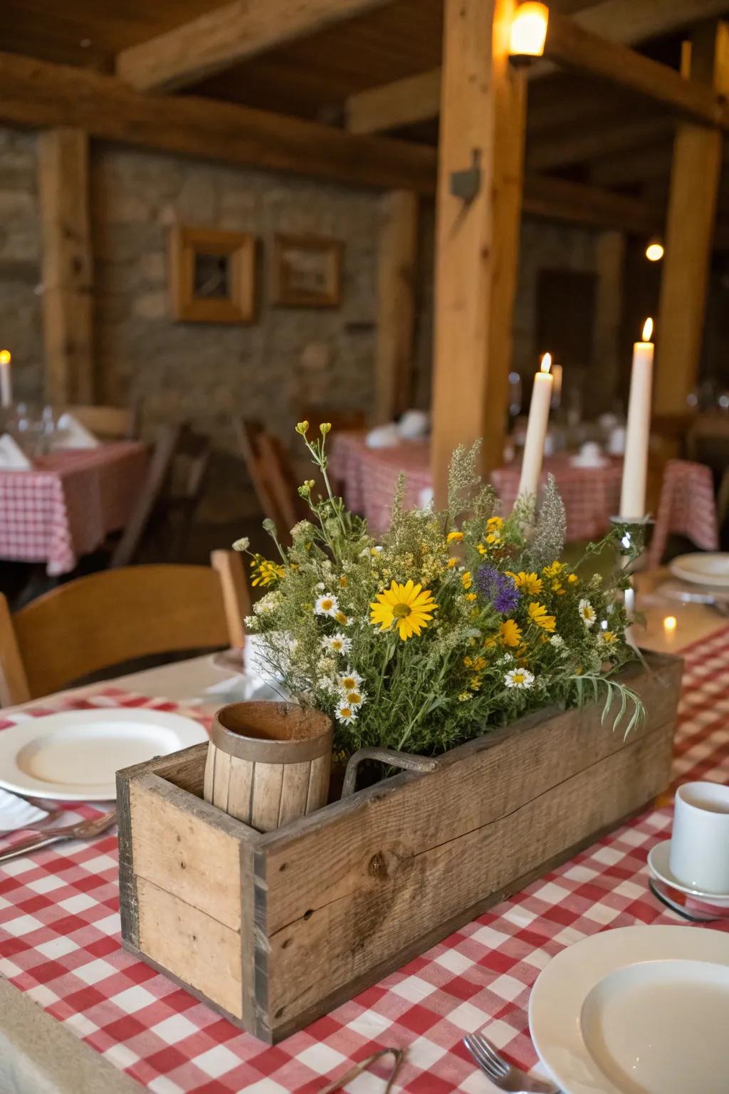 Wooden trough adding rustic charm to a table setting.