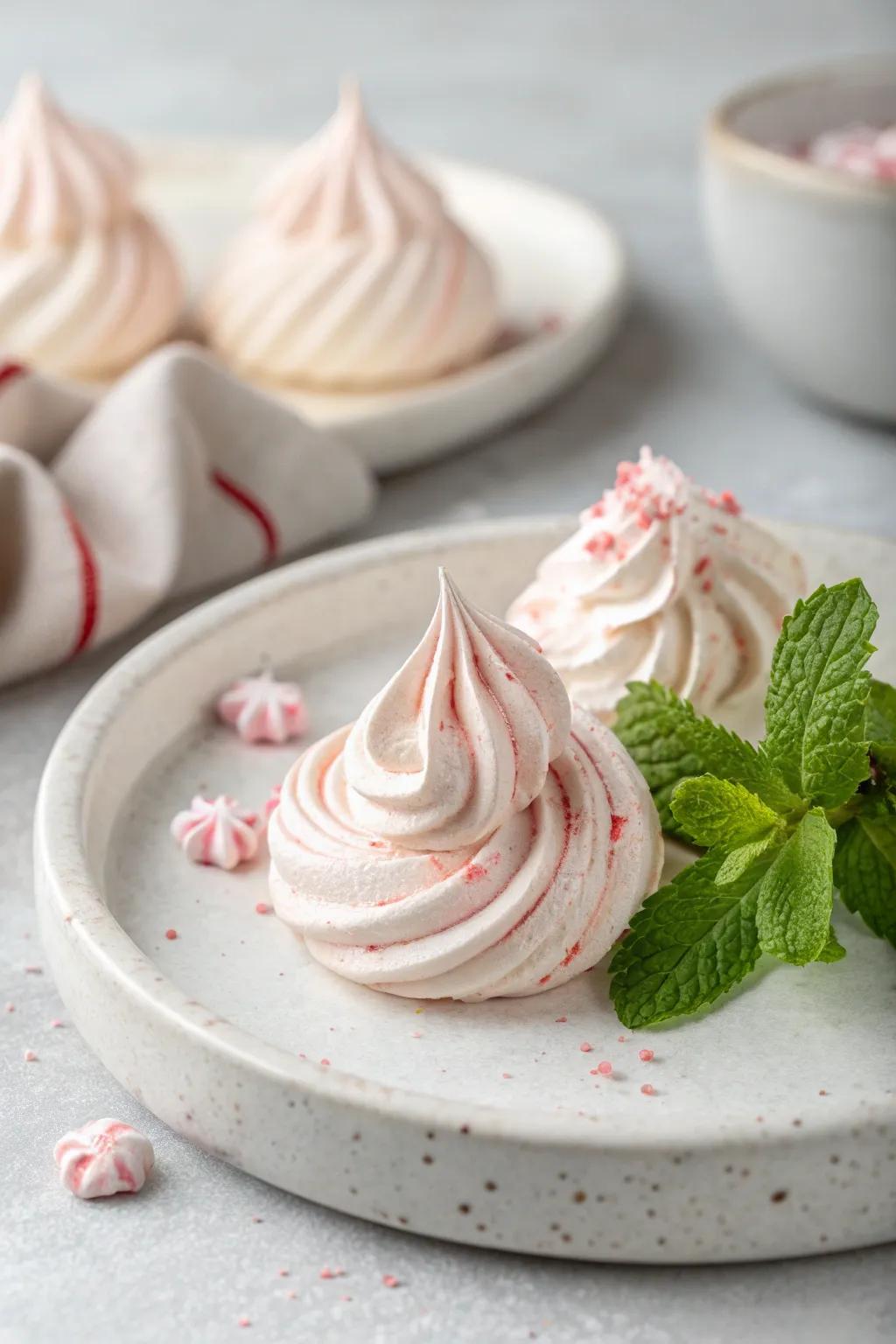 Delight in the art of simplicity with these airy peppermint meringues, a perfect blend of Scandinavian minimalism and boho charm.