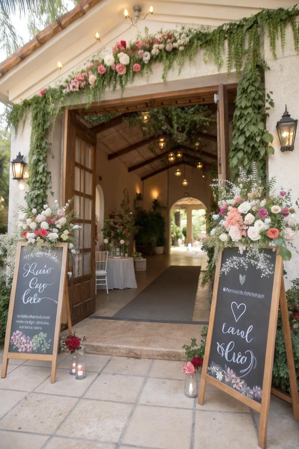 Chalkboard signs adding a personal touch to a wedding entrance.