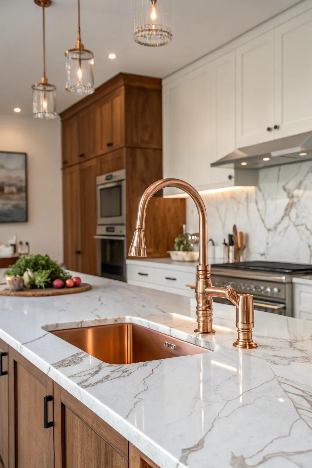 The blend of marble and copper creates a luxurious kitchen atmosphere.