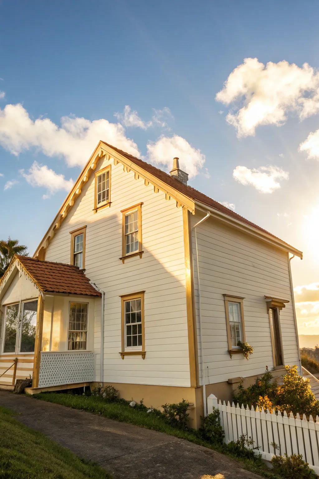 Beige trim provides a warm and inviting touch to this charming white home.