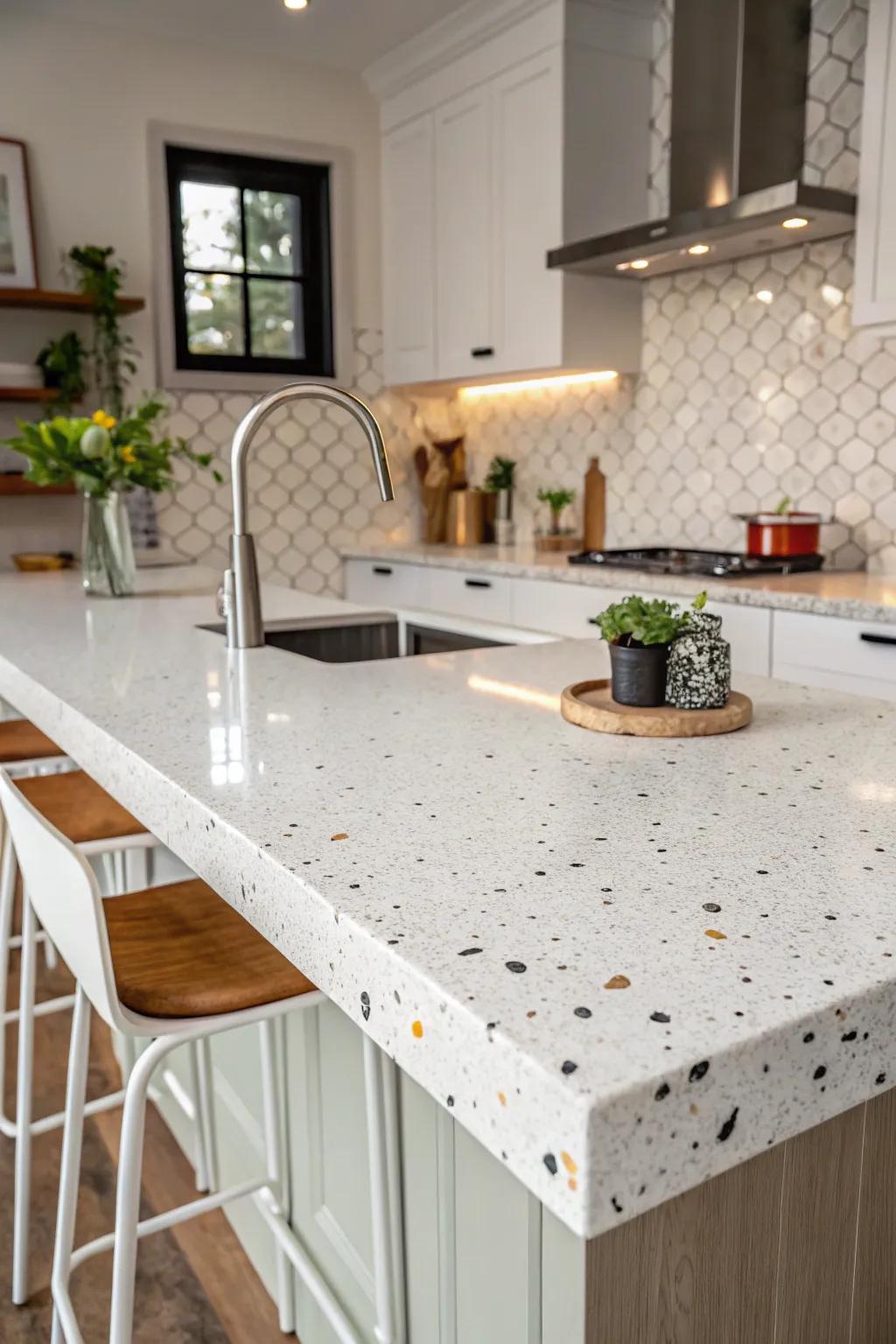 White recycled glass countertops are a sustainable, stylish choice.