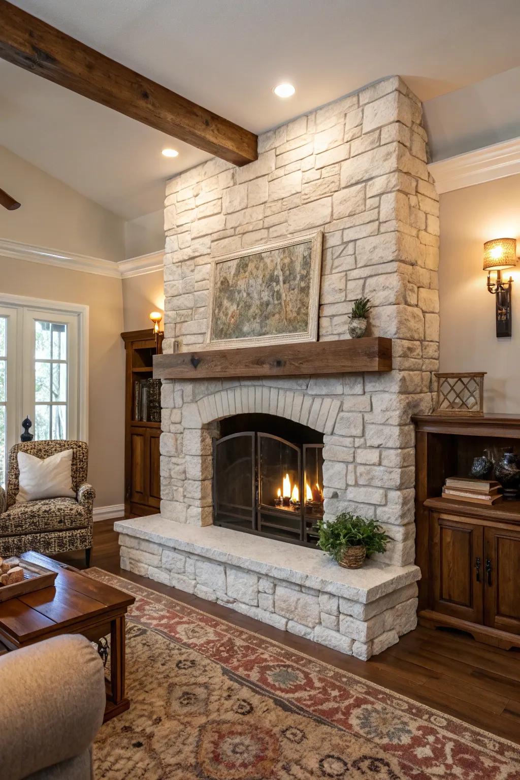 A whitewashed brick fireplace complemented by stone and wood textures.