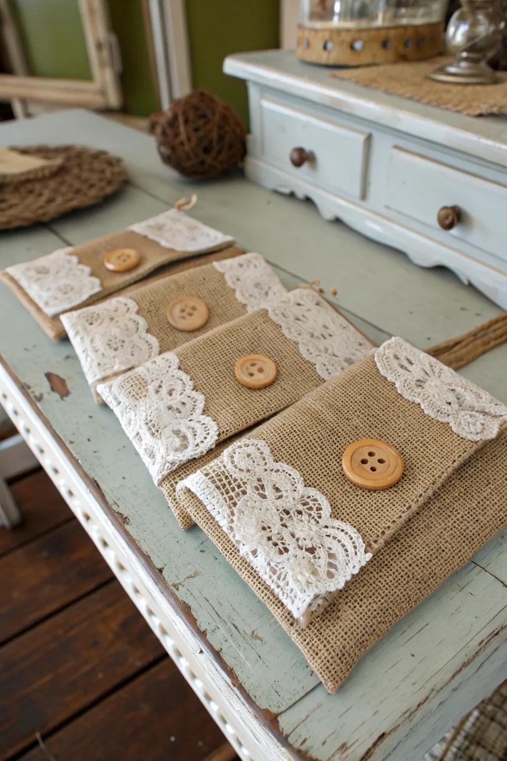 Vintage-inspired burlap pouches with lace accents.