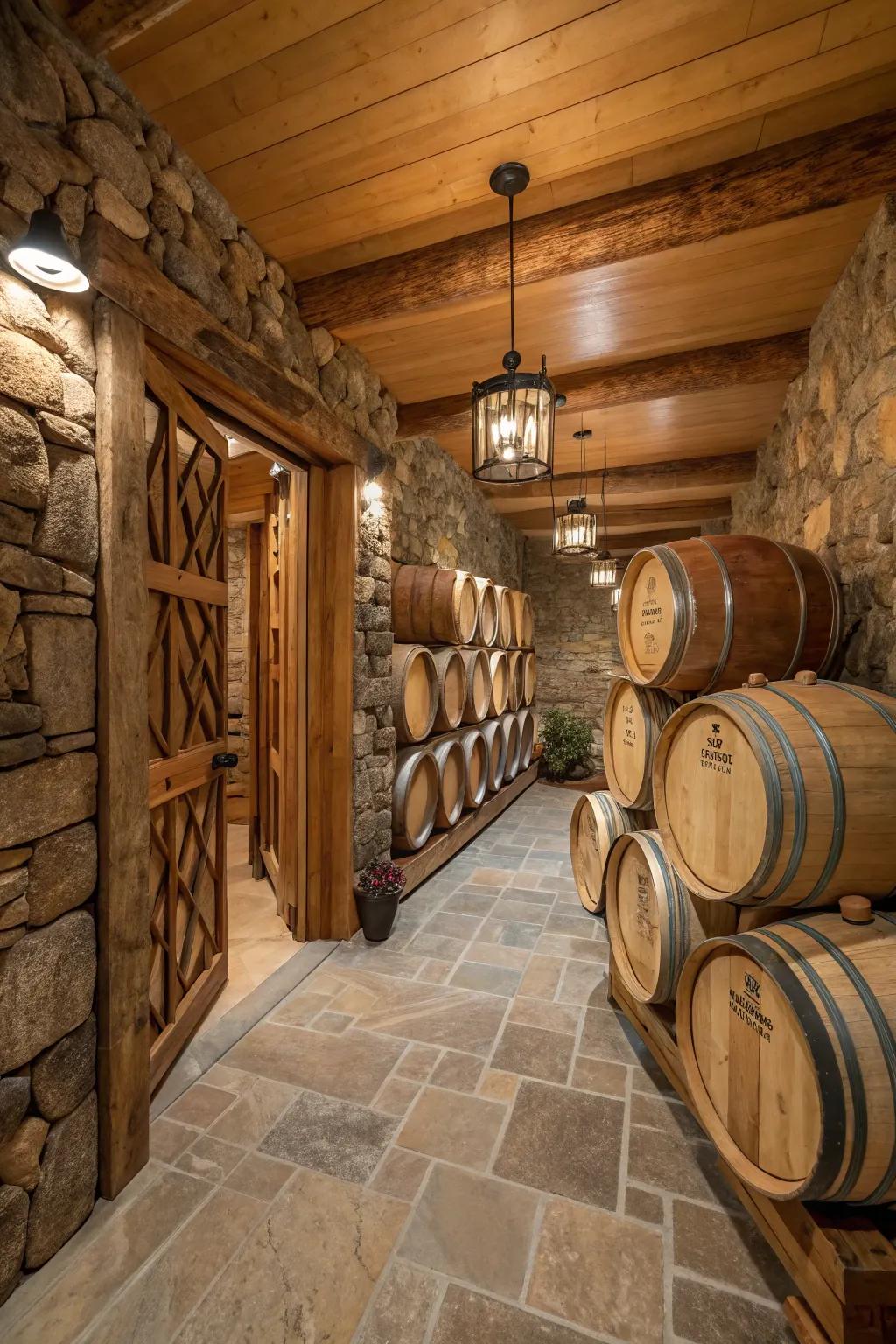 A rustic wine cellar with natural elements.