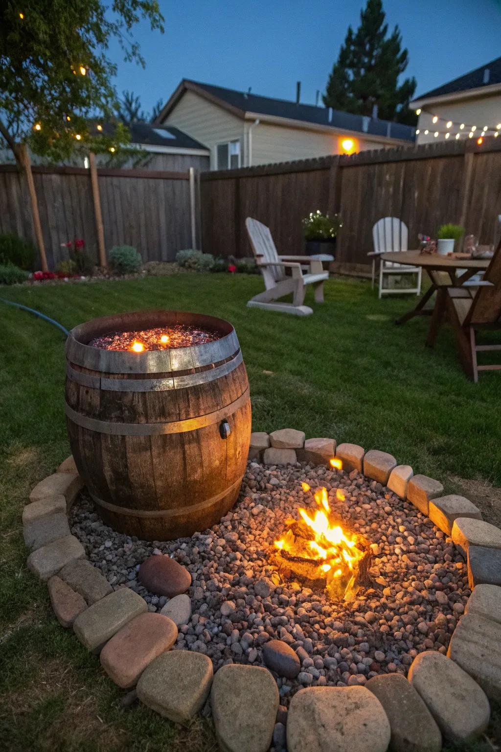 A wine barrel fire pit is perfect for cozy gatherings.