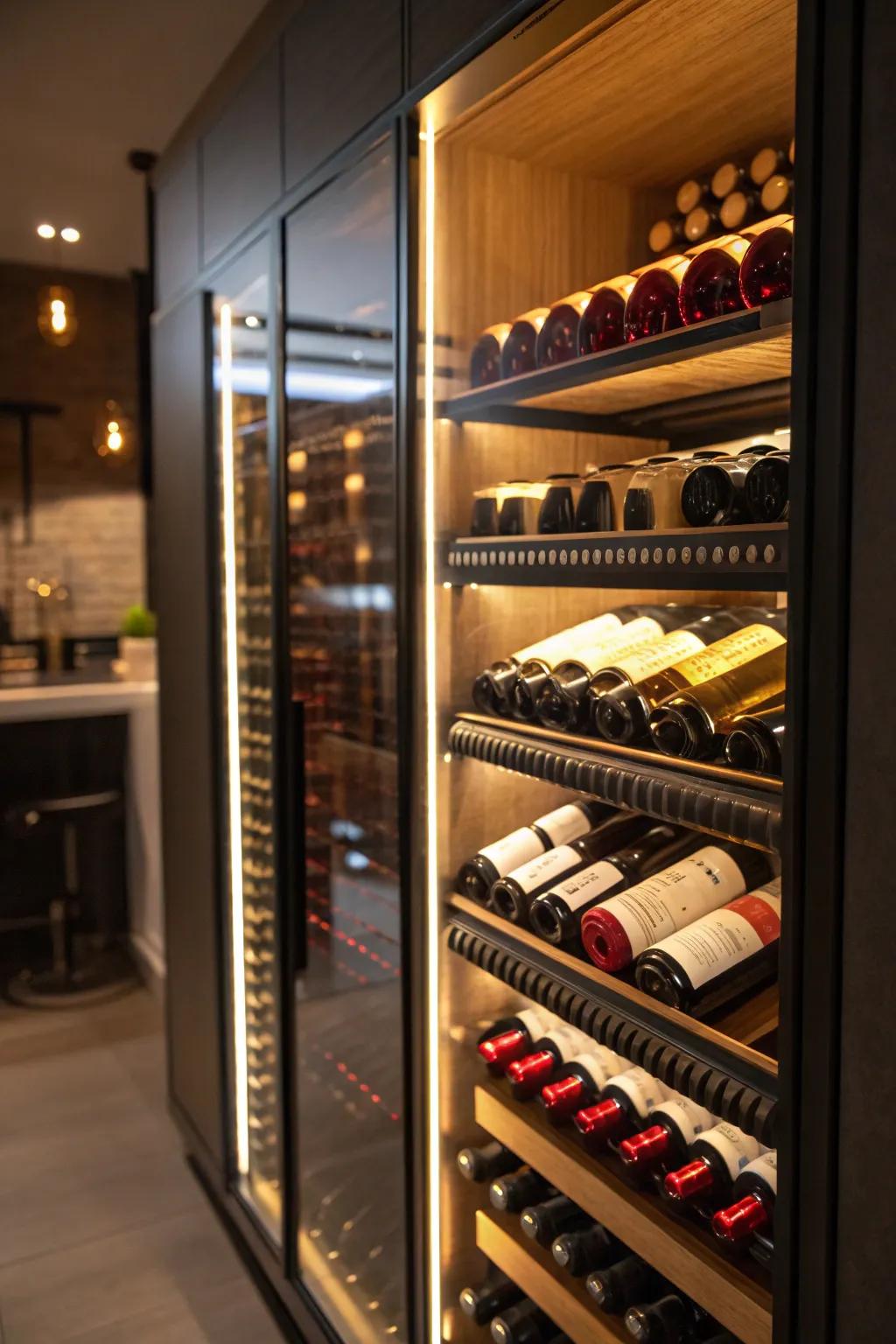 A wine closet beautifully lit with LED lights