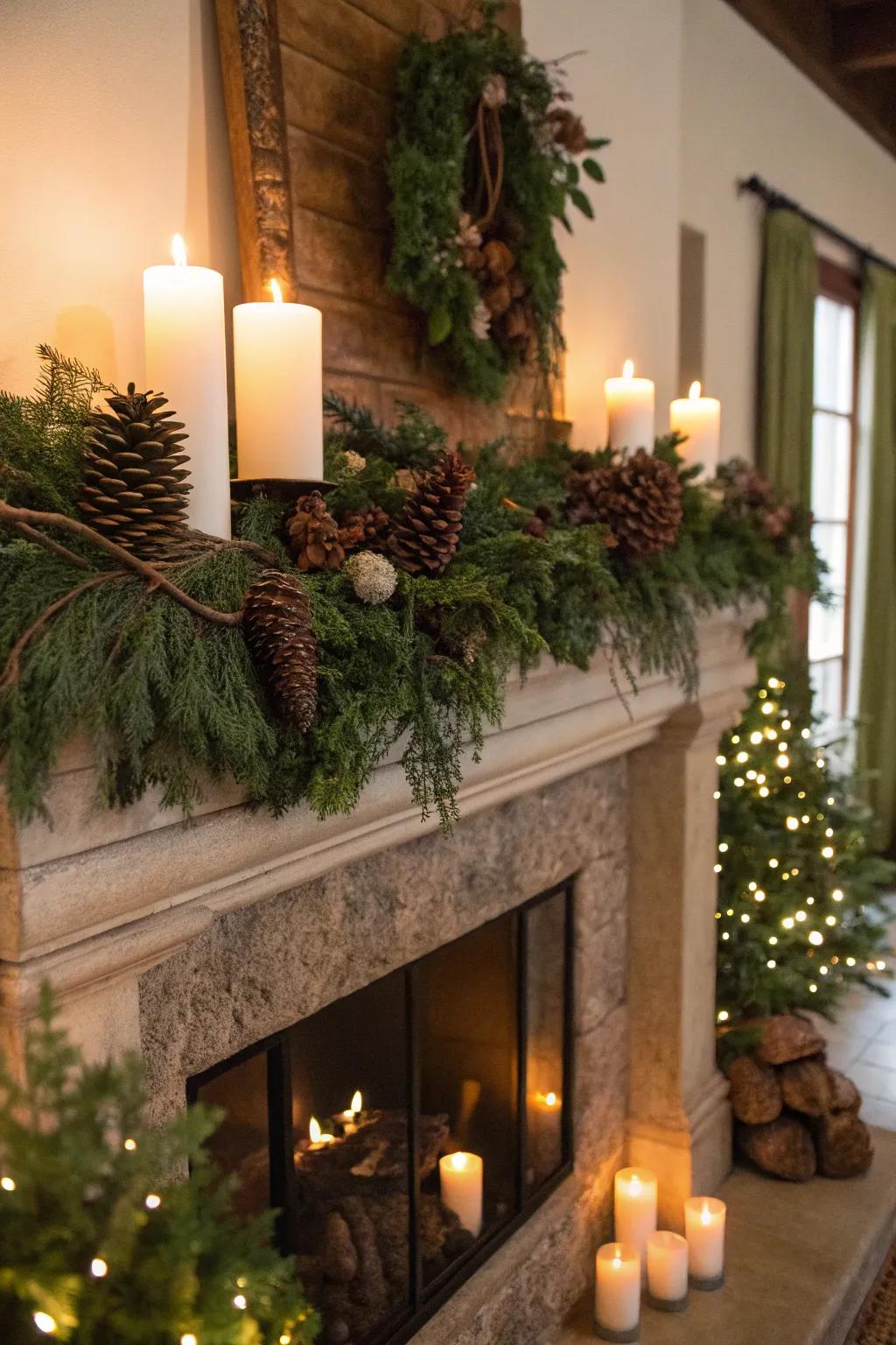 A cozy mantel decorated for winter warmth.