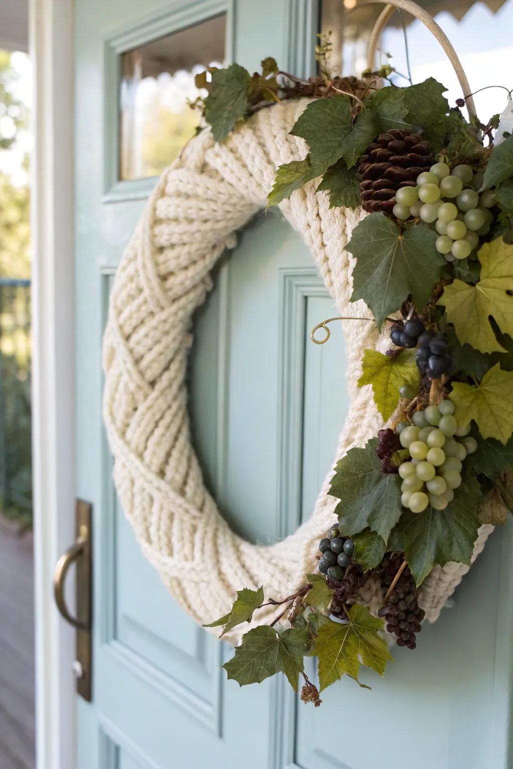 A yarn-wrapped wreath adds warmth and coziness to winter decor.