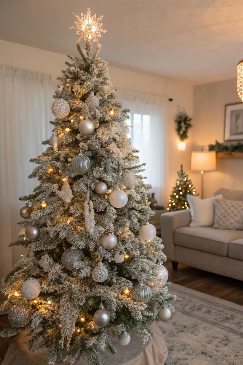 A flocked tree captures the beauty of a snowy winter's day.