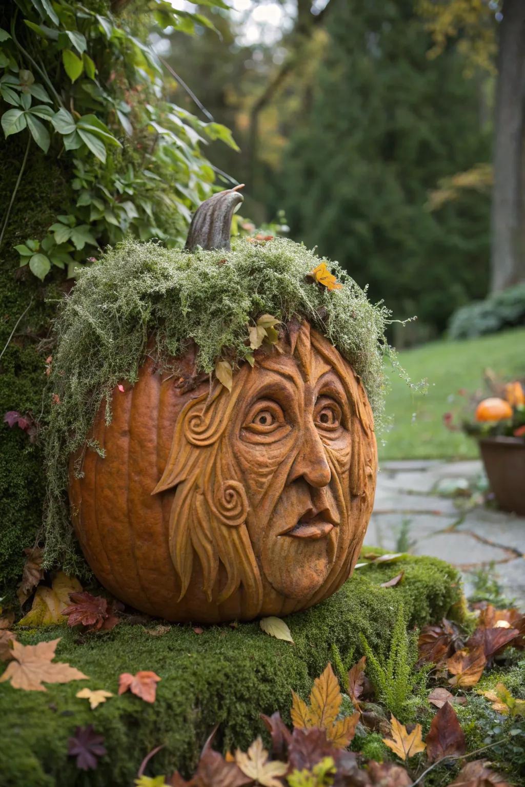 A moss-haired witch pumpkin blending spooky and natural elements.