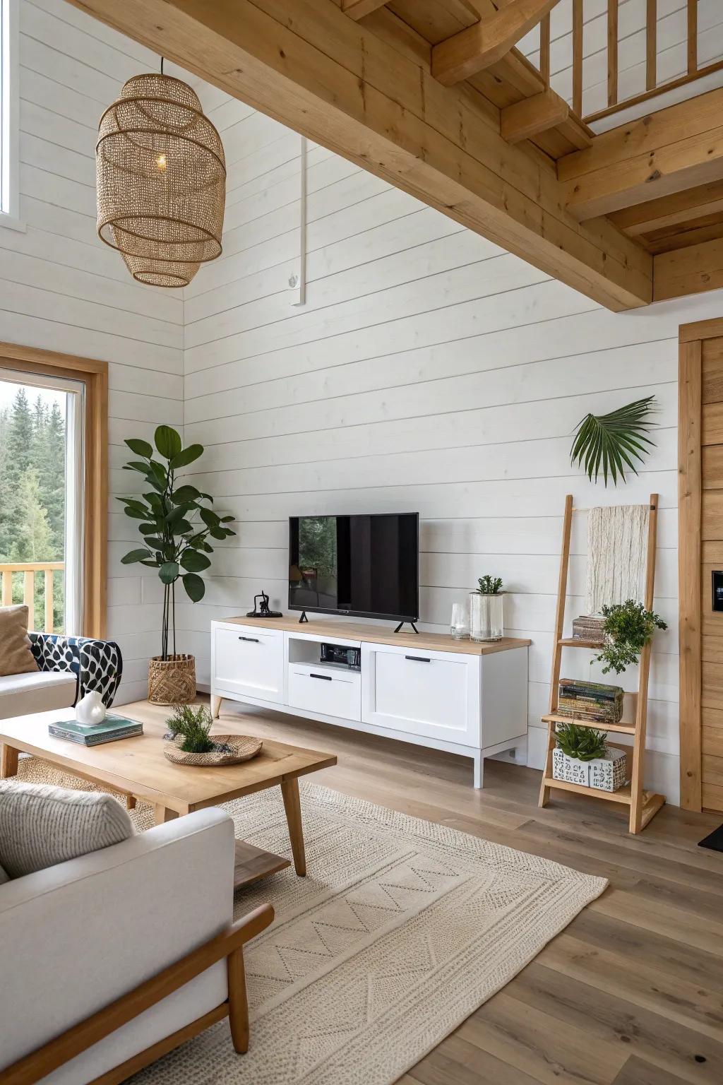 A living room with a natural wood and white accent wall.