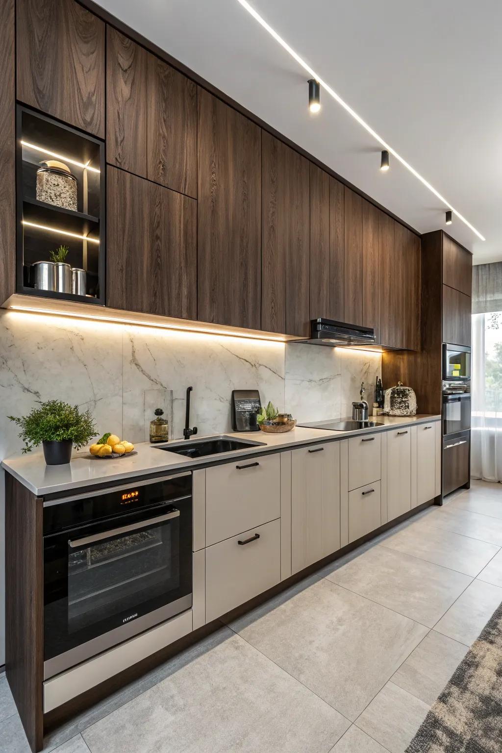 A contemporary kitchen with a striking dark wood backsplash that adds depth.