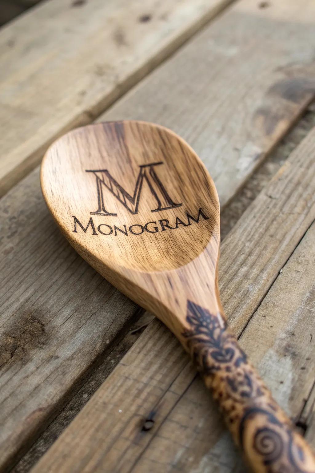Craftsmanship at its finest: Personalized wooden spoon with elegant monogram detailing.