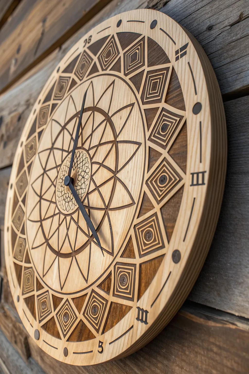 Elevate your space with the modern elegance of geometric wood burning art.