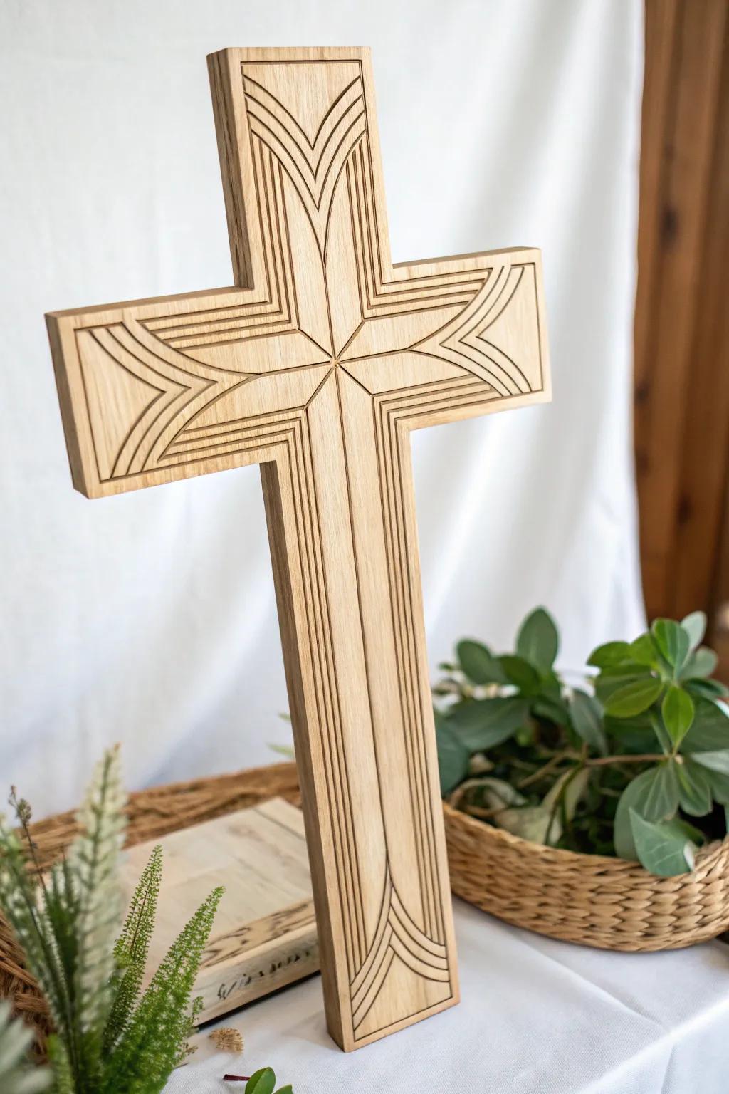 Minimalist line art emphasizes the beauty of simplicity on this wooden cross.