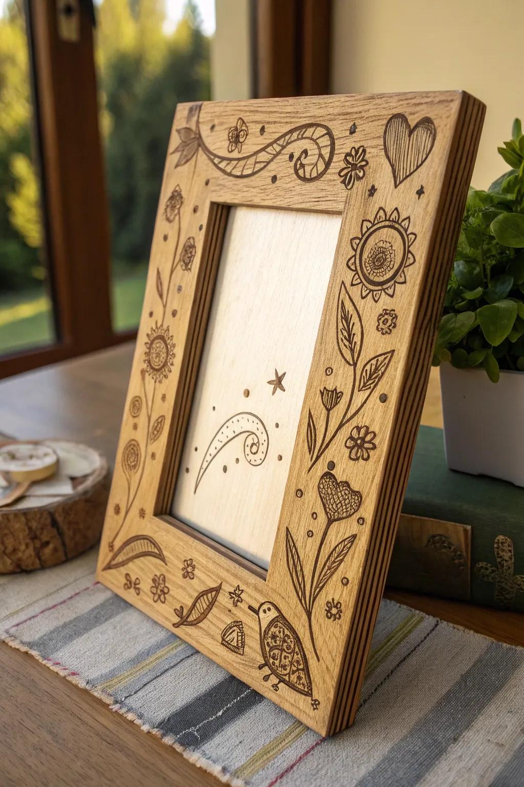 Elevate your memories with artful wood-burned picture frames.