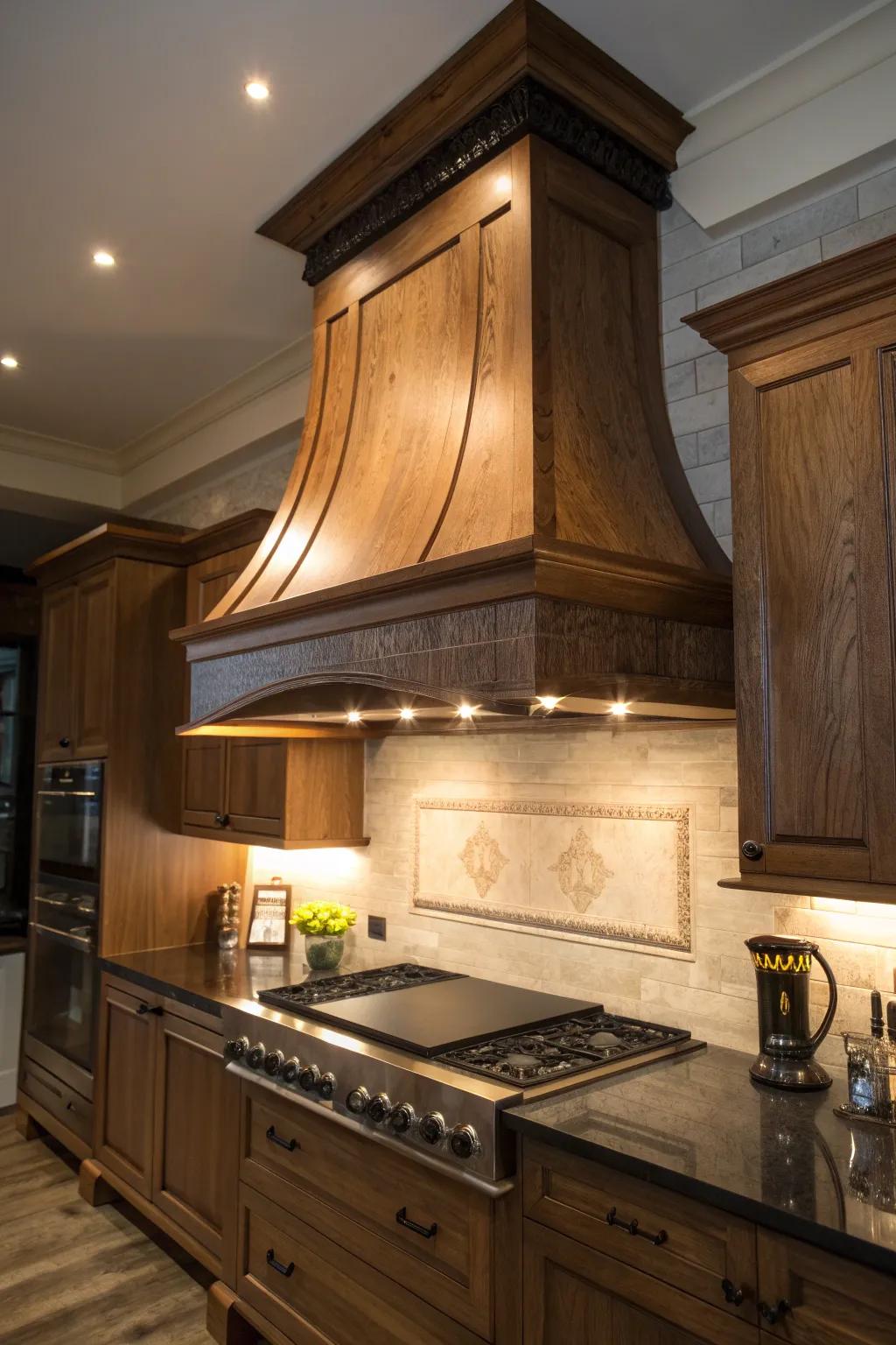 Transform your kitchen with the warm glow of accent lighting on a handcrafted wood hood, where craftsmanship meets comfort.