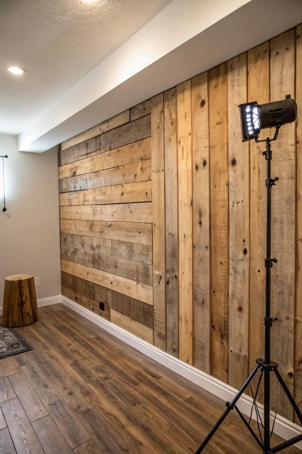 Studio featuring a rustic reclaimed wood panel wall.