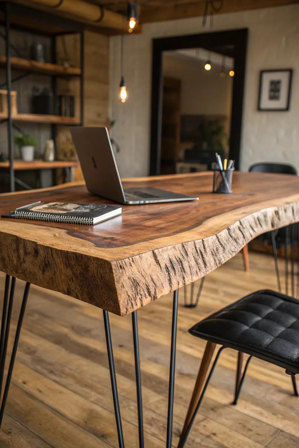 Where Rustic Charm Meets Industrial Elegance: A Live Edge Desk That Defines Your Space.