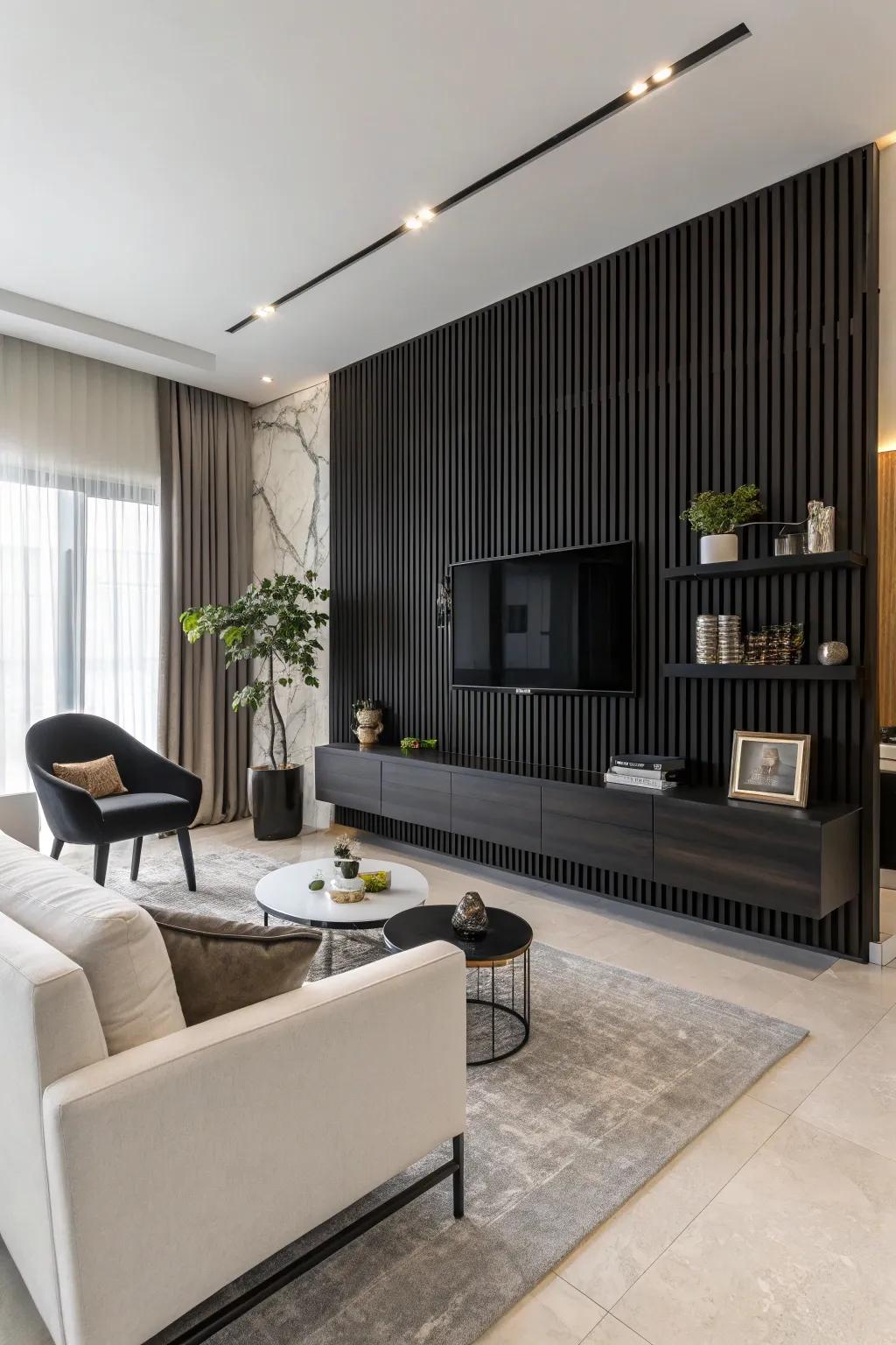 Black wood slats create a dramatic and modern TV wall.