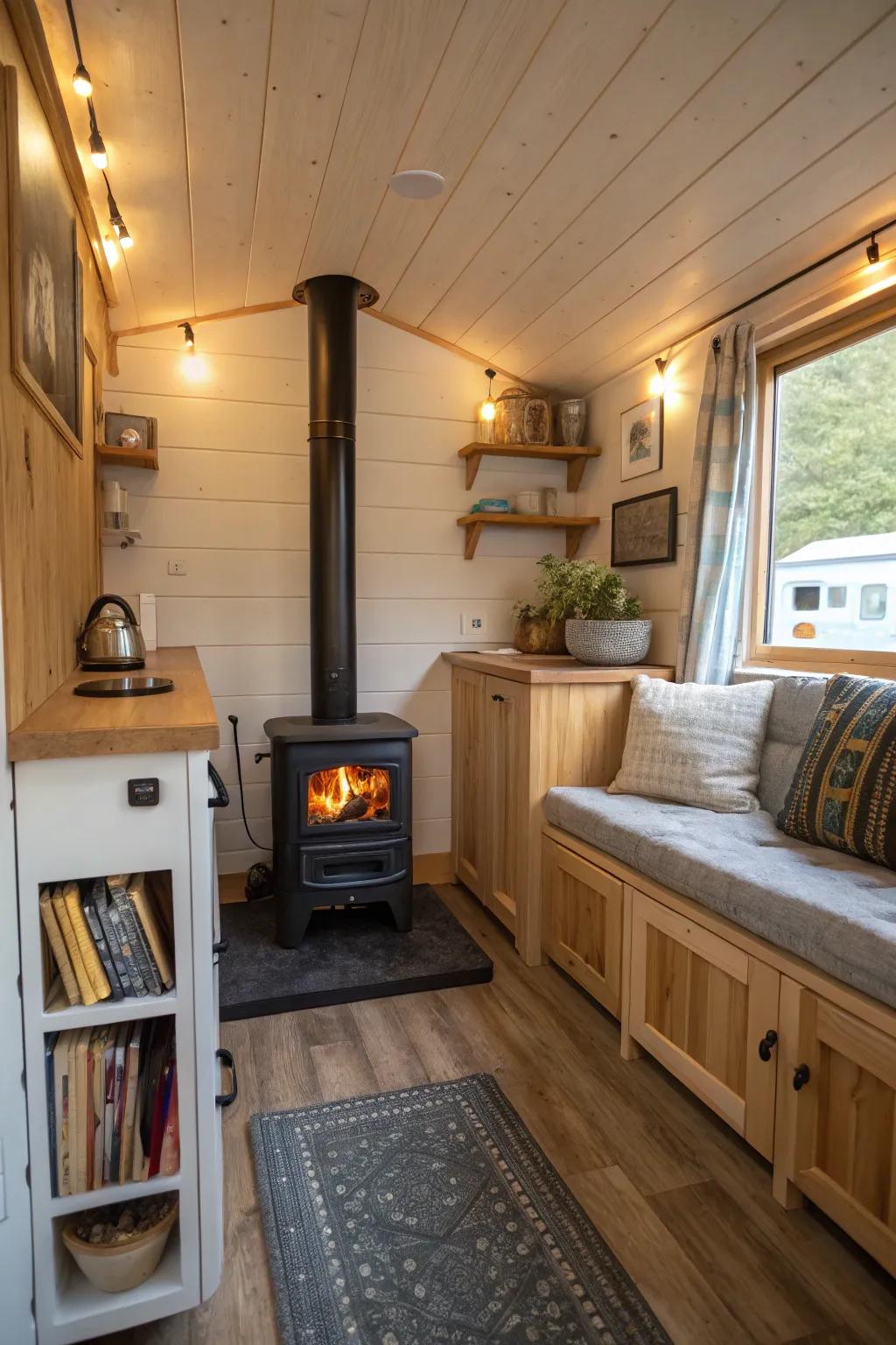 A compact wood stove fits perfectly in this small but charming living space.