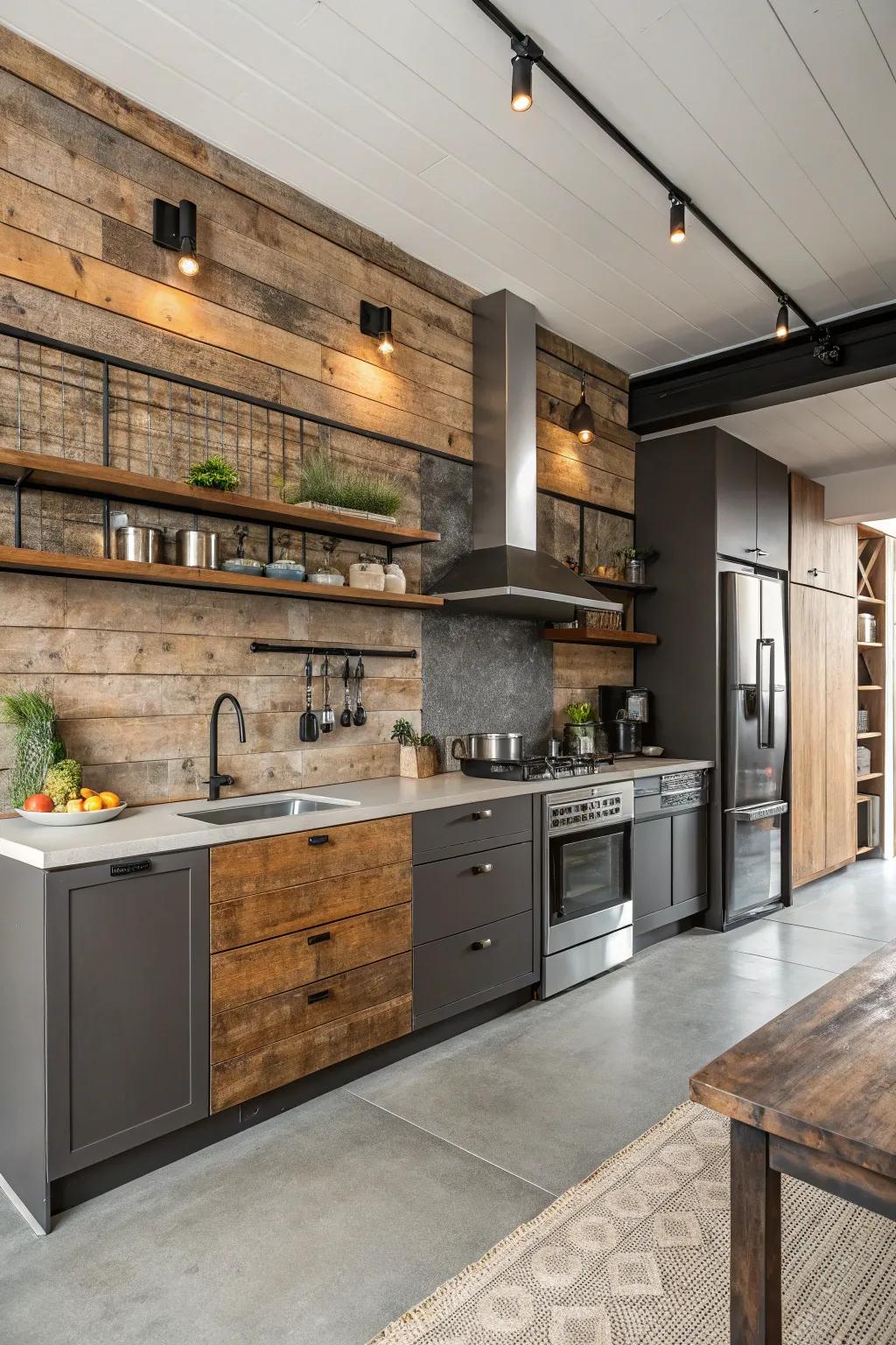 Contemporary kitchen with a mixed materials accent wall.