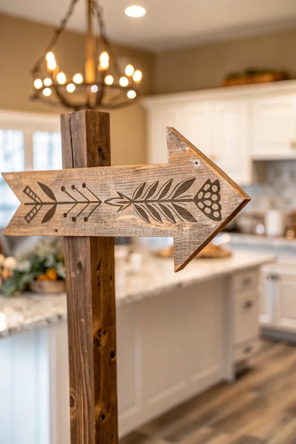 Guide your guests with rustic charm—this wooden arrow sign adds timeless elegance to any farmhouse kitchen.