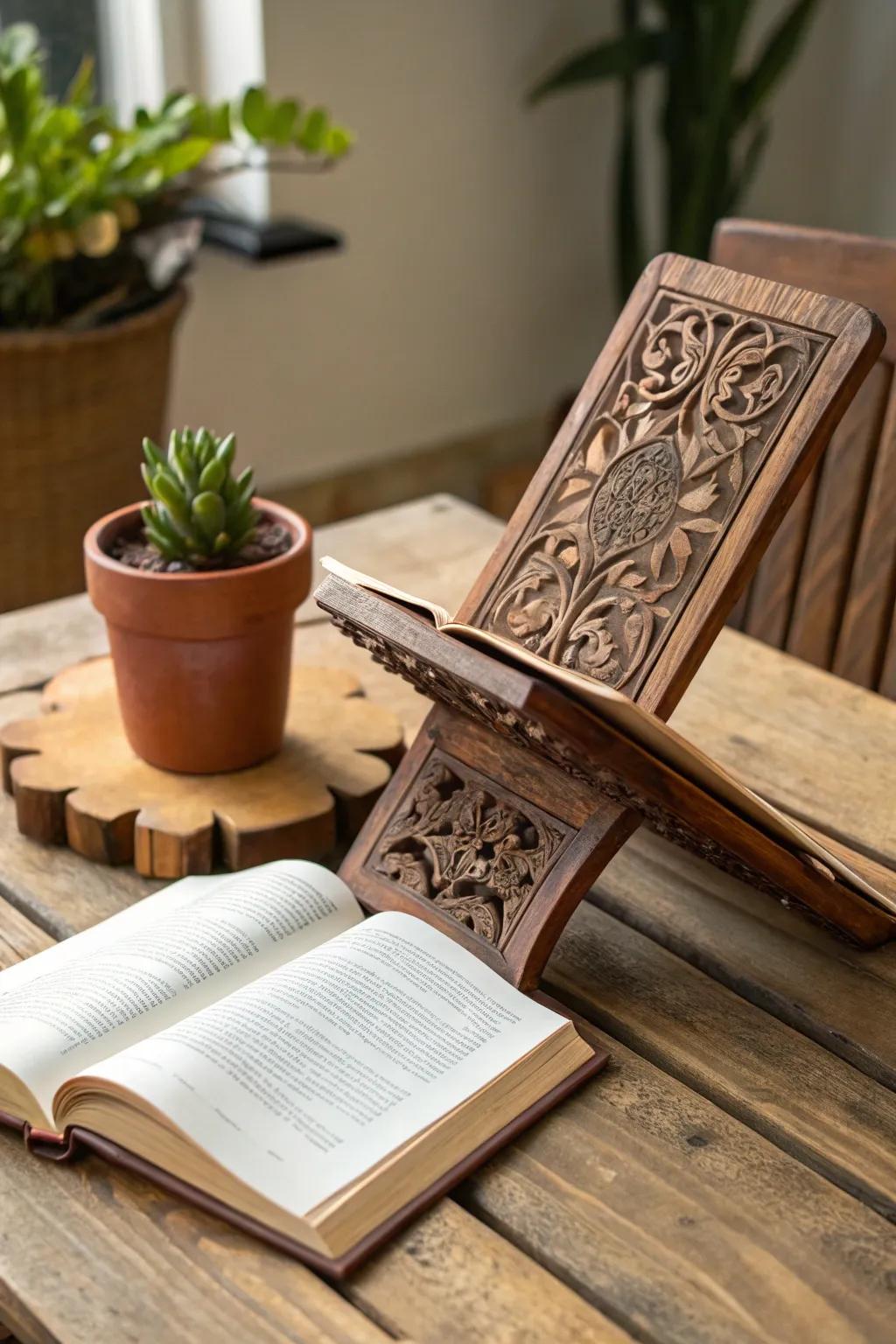 Elevate your reading space with a handcrafted wooden book stand and a touch of nature.