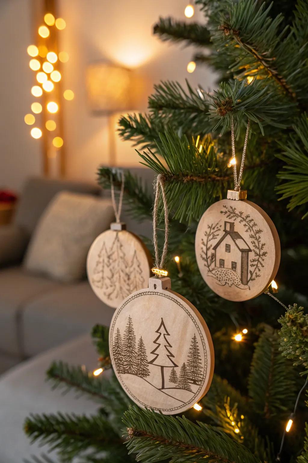 Engraved wooden ornaments add a personal touch to holiday decorations.