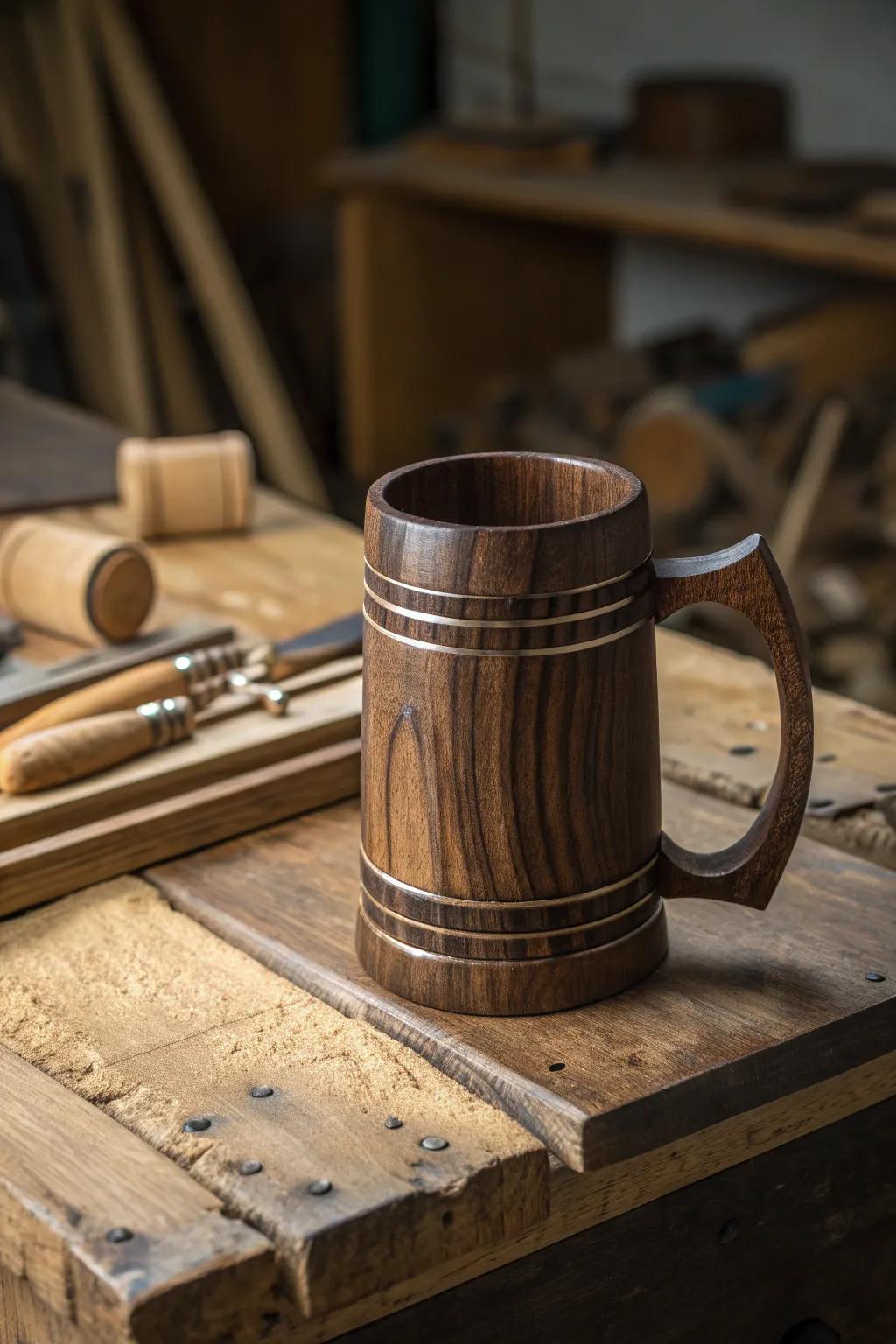 Celebrate craftsmanship with a handcrafted wooden beer mug, the perfect gift for any woodworking enthusiast.