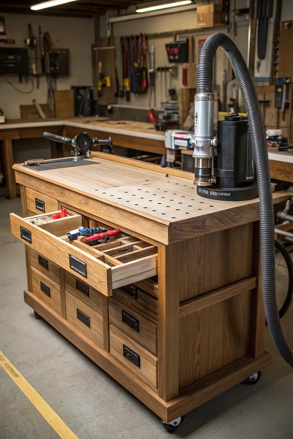 Elevate your workshop game with a space-saving workbench that marries functionality with flawless craftsmanship.