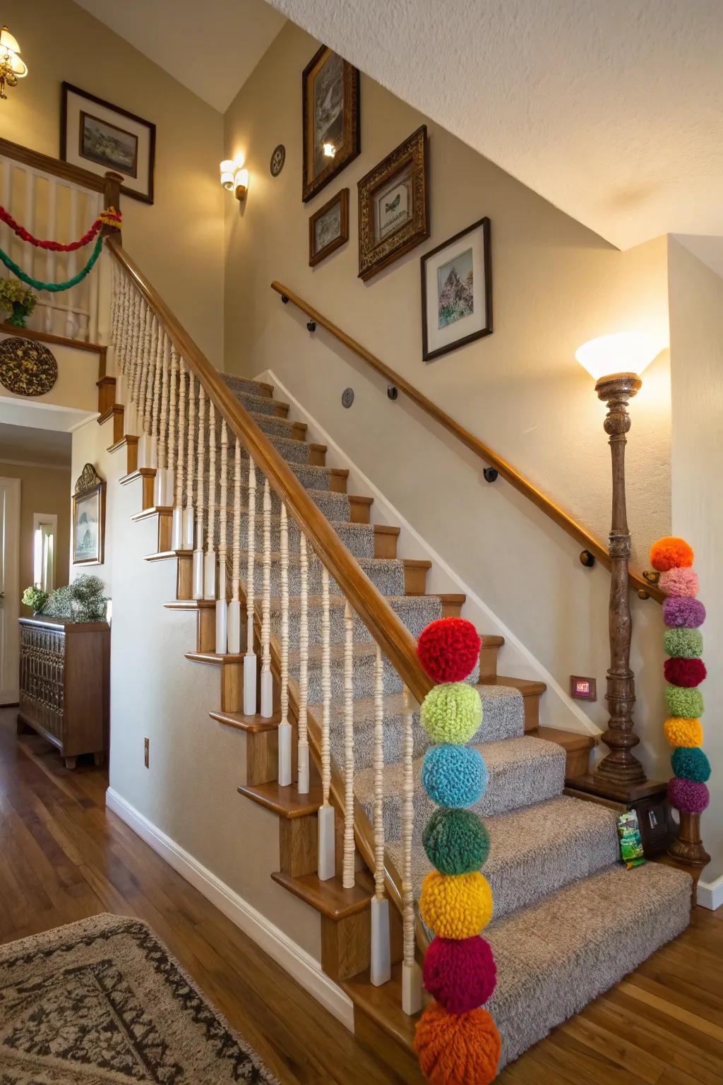 Yarn-covered railings add charm to the home’s entrance.